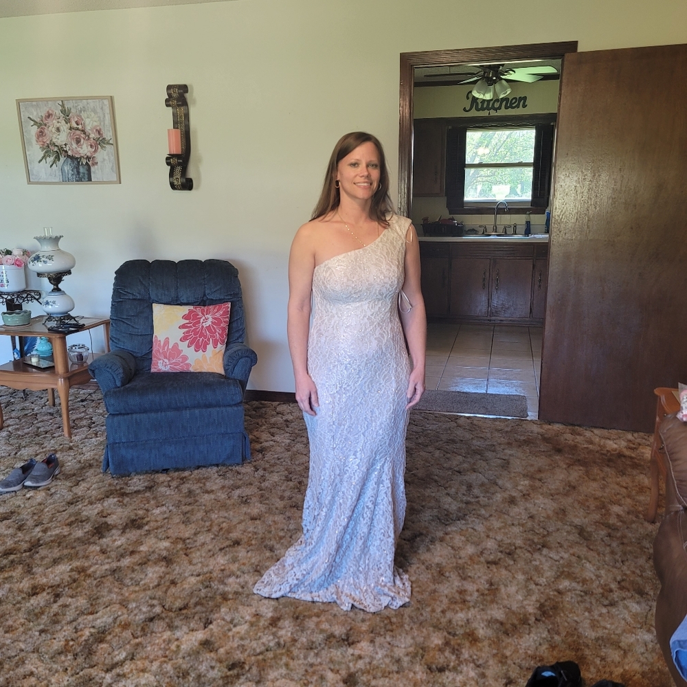 DONATED Nightway Collections One Shoulder Beige Champagne Glitter - Picture 3 of 10